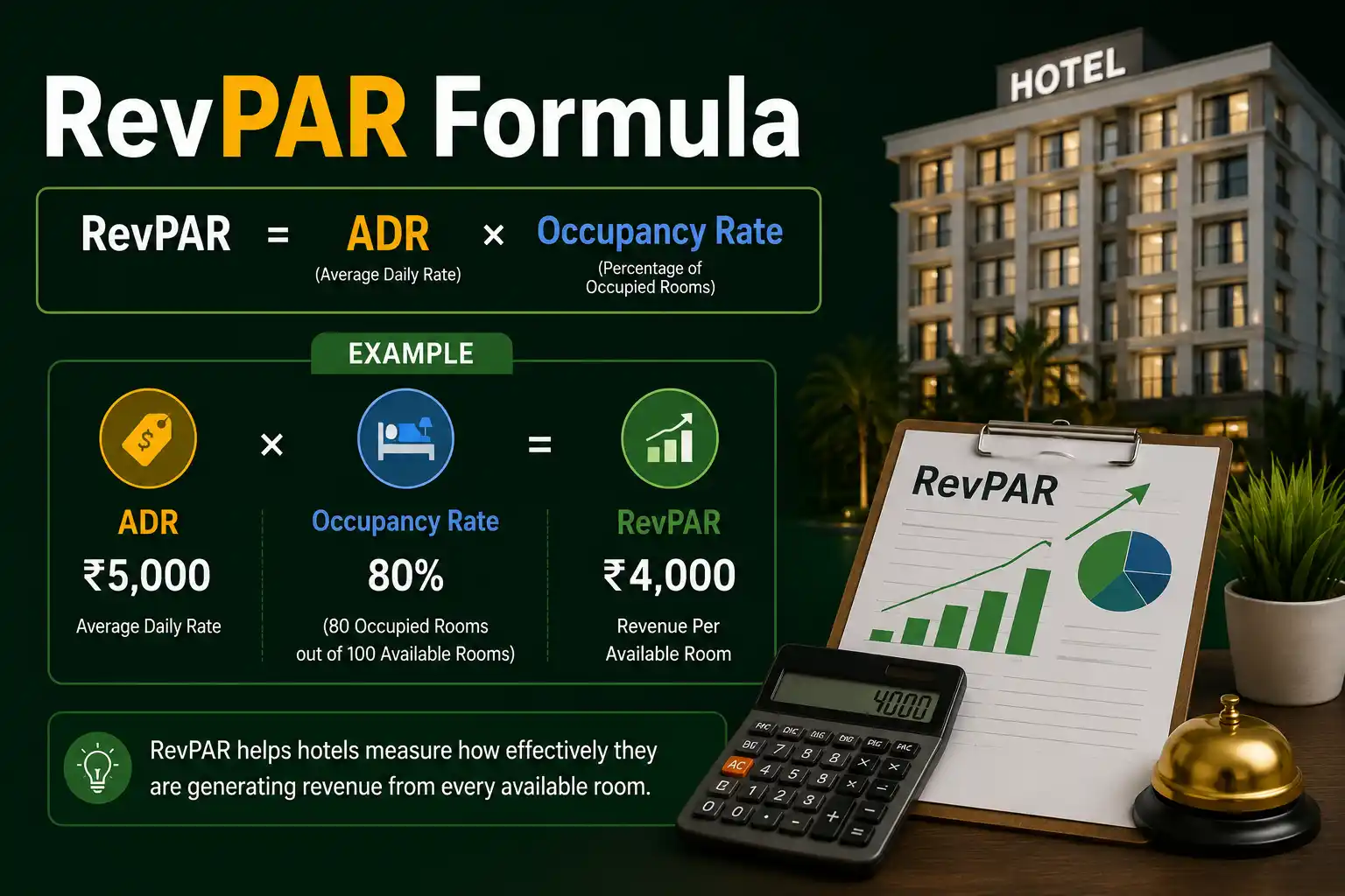 RevPAR formula showing ADR multiplied by occupancy rate in hotel revenue management